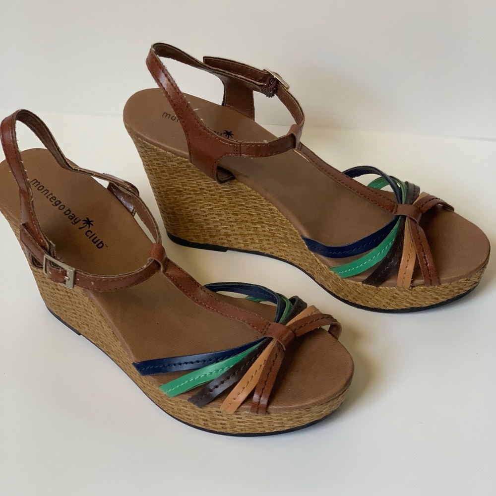 Blue and tan sandal wedges